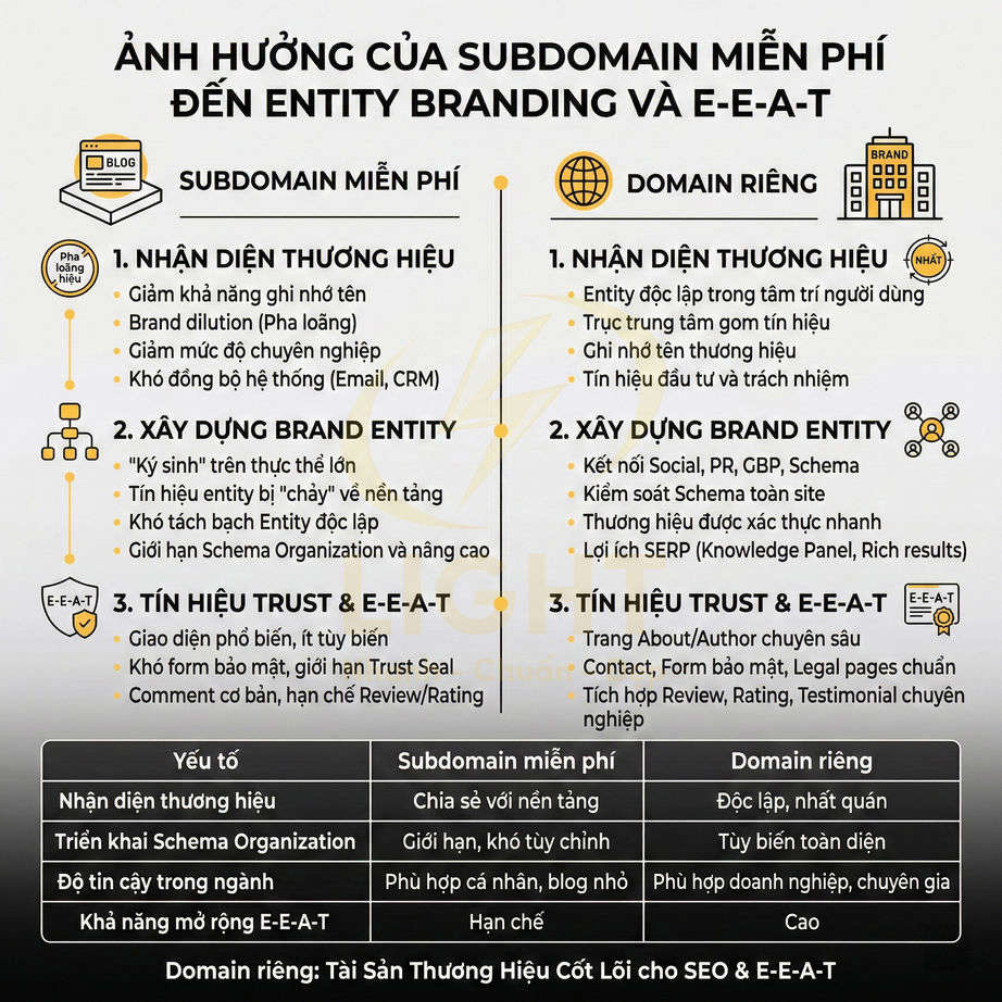 So sánh subdomain miễn phí và domain riêng về nhận diện thương hiệu, brand entity, tín hiệu trust và E-E-A-T trong SEO