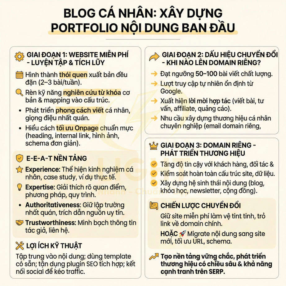 Infographic hướng dẫn xây dựng blog cá nhân và portfolio nội dung qua 3 giai đoạn và chiến lược chuyển đổi