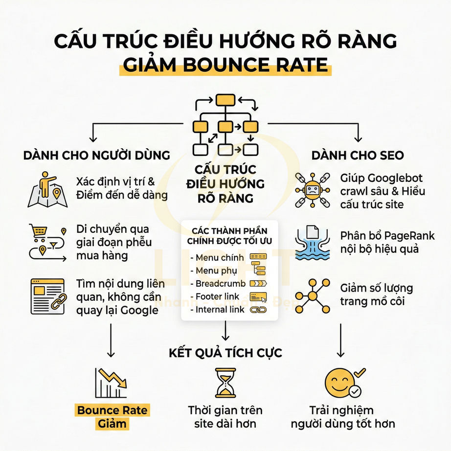 Infographic cấu trúc điều hướng rõ ràng giúp giảm bounce rate, tối ưu trải nghiệm người dùng và hiệu quả SEO