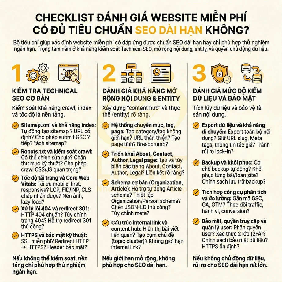 Checklist đánh giá website miễn phí với các bước kiểm tra technical SEO, nội dung, entity và bảo mật dữ liệu