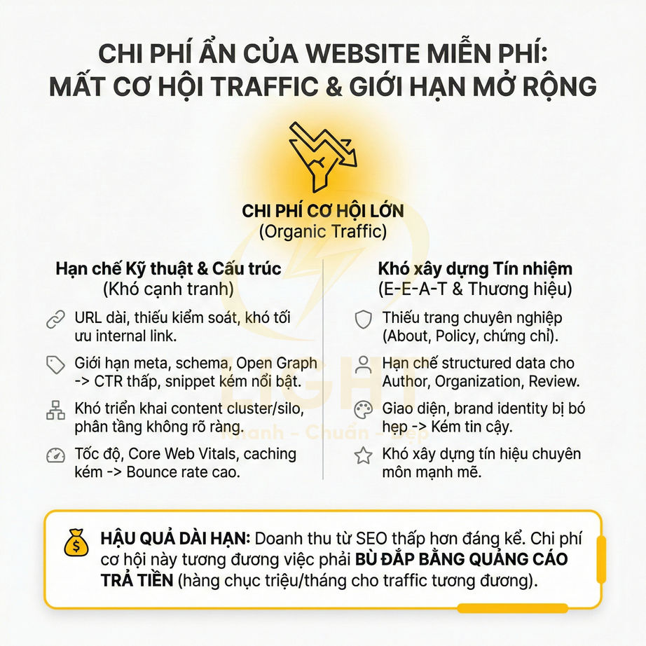 Chi phí ẩn của website miễn phí làm mất cơ hội traffic SEO và hạn chế mở rộng doanh nghiệp