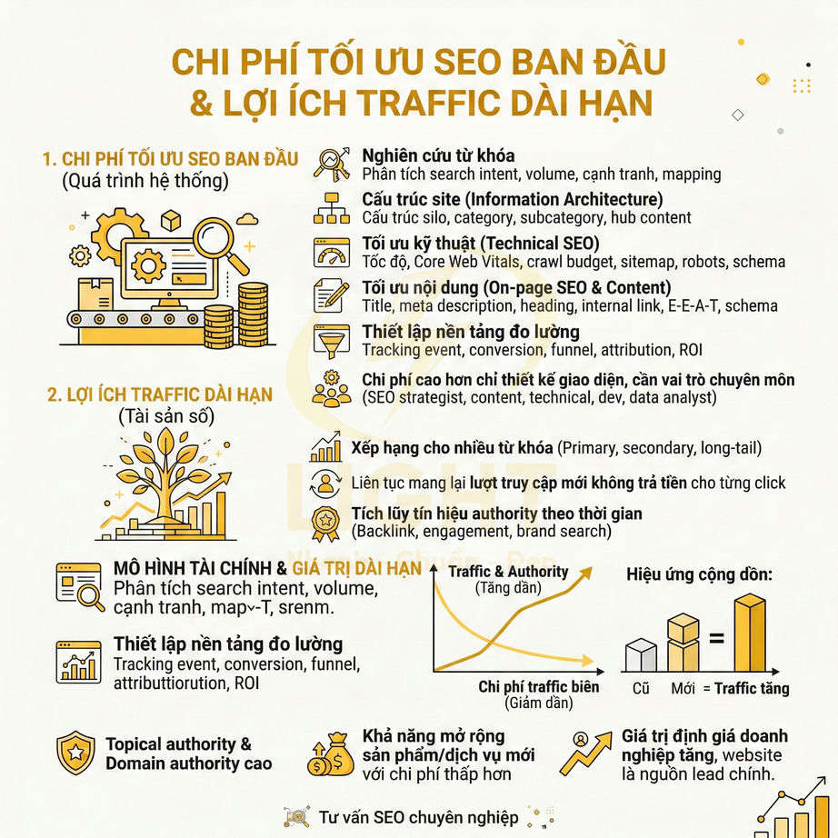 Infographic chi phí tối ưu SEO ban đầu và lợi ích traffic dài hạn với mô hình tài chính, biểu đồ và icon minh họa