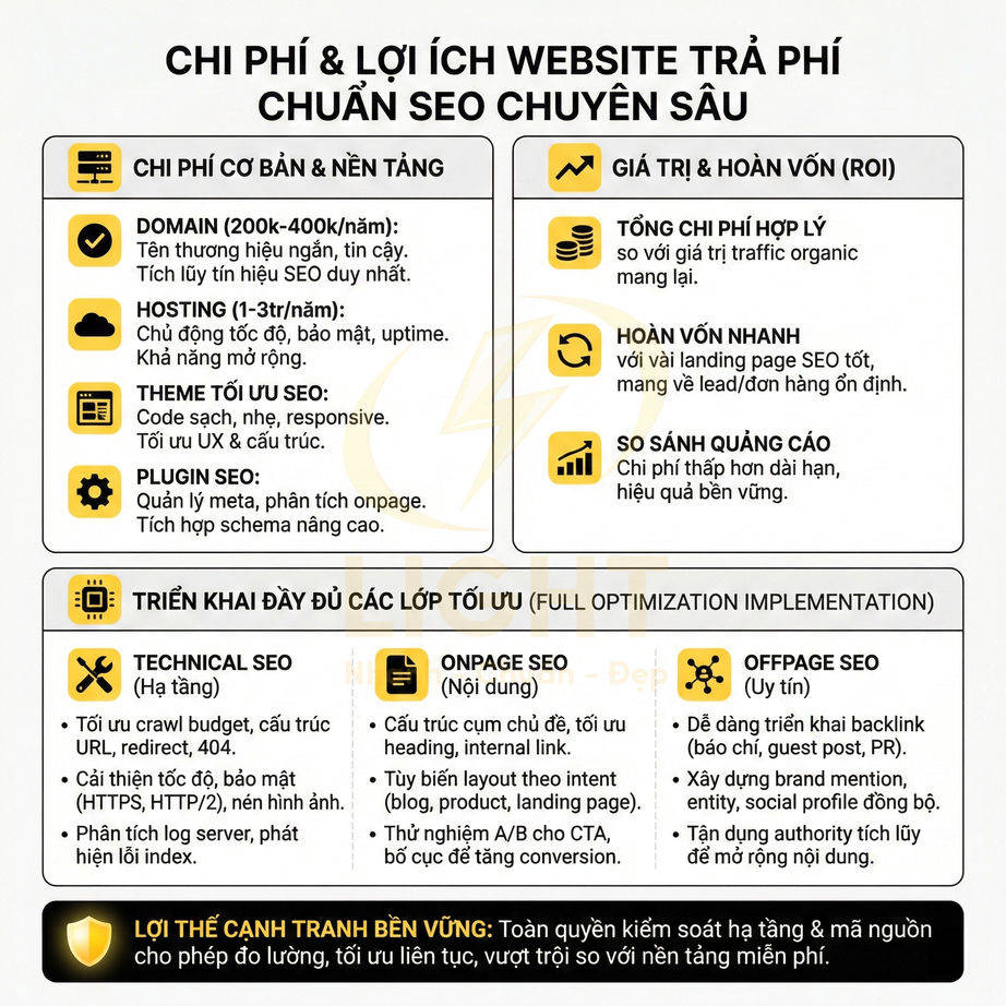 Bảng tóm tắt chi phí và lợi ích khi xây dựng website trả phí chuẩn SEO chuyên sâu
