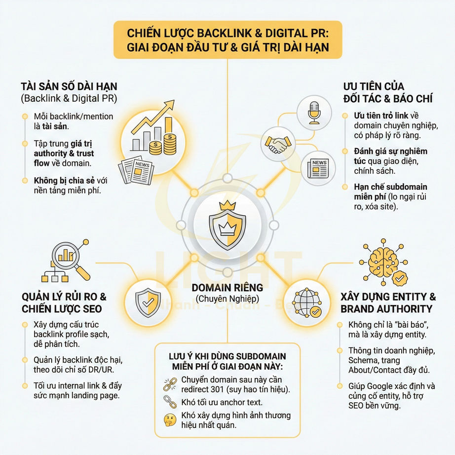 Infographic chiến lược backlink và digital PR dài hạn, nhấn mạnh tầm quan trọng của domain riêng và xây dựng thương hiệu SEO