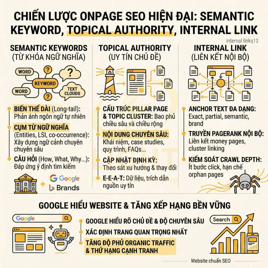 Chiến lược onpage SEO hiện đại với semantic keyword, topical authority và internal link minh họa bằng infographic