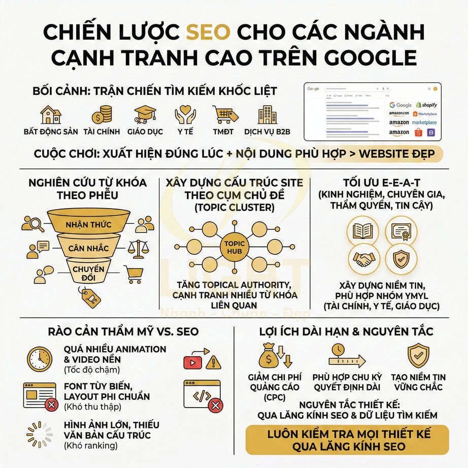 Infographic chiến lược SEO cho ngành cạnh tranh cao trên Google với các bước nghiên cứu từ khóa, tối ưu E-E-A-T và lợi ích dài hạn