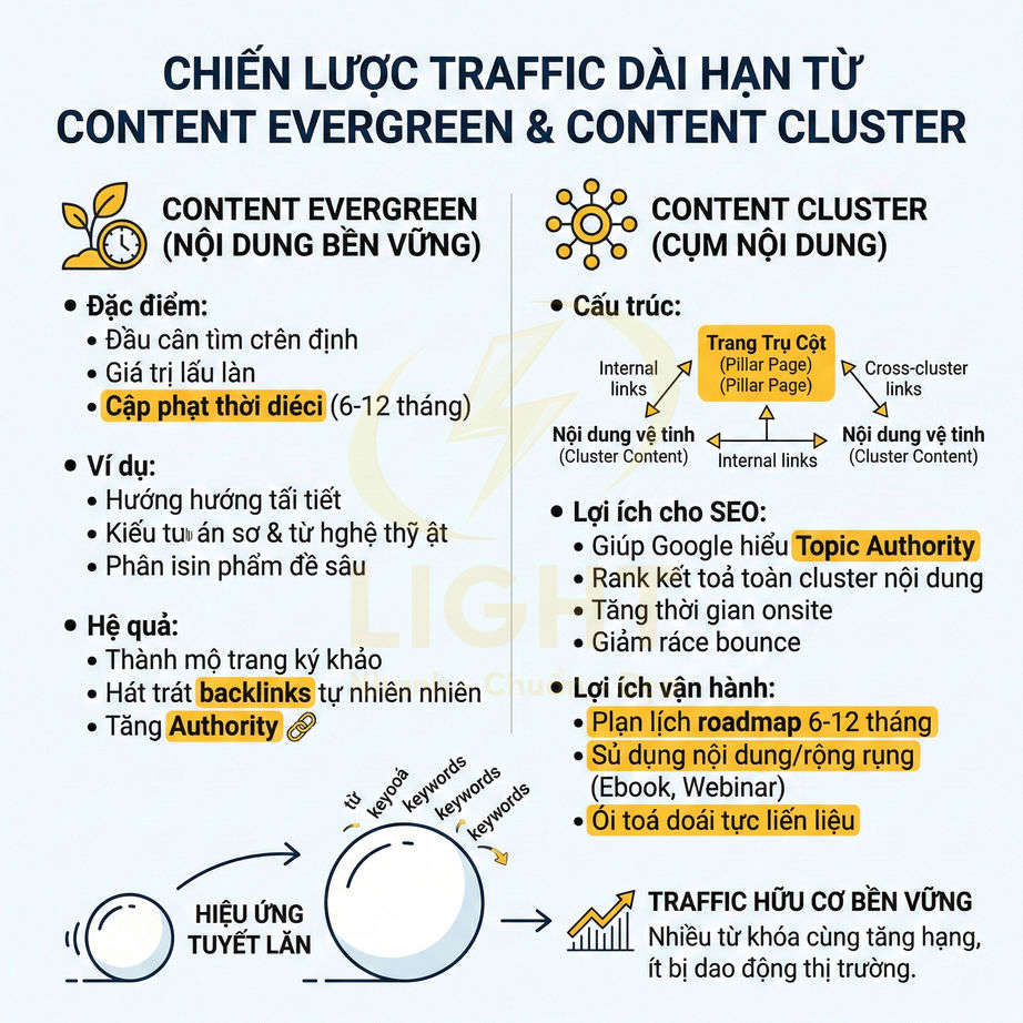 Chiến lược traffic dài hạn từ content evergreen và content cluster với lợi ích SEO và vận hành chi tiết