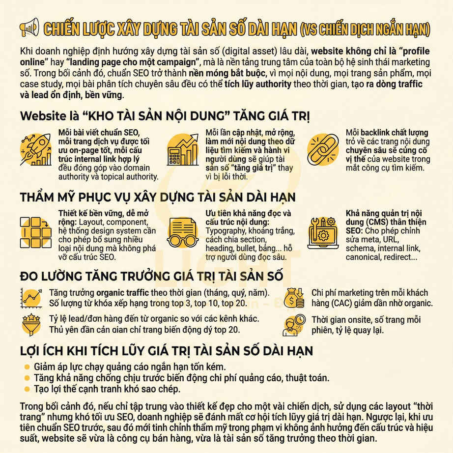 Infographic chiến lược xây dựng tài sản số dài hạn cho website chuẩn SEO, tối ưu nội dung, thẩm mỹ và đo lường tăng trưởng