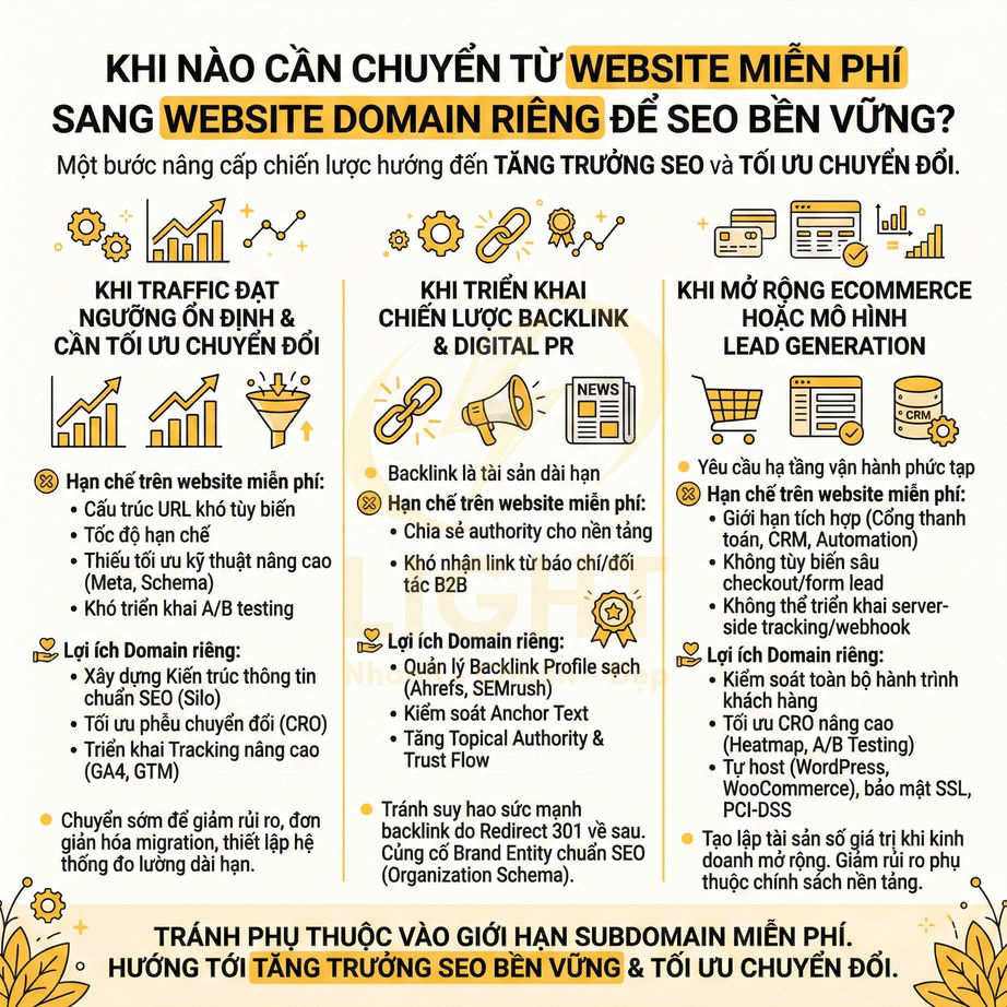 Infographic hướng dẫn khi nào nên chuyển từ website miễn phí sang website domain riêng để tăng trưởng SEO và tối ưu chuyển đổi