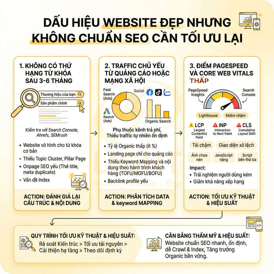 Infographic dấu hiệu website đẹp nhưng không chuẩn SEO và quy trình tối ưu kỹ thuật, nội dung, hiệu suất
