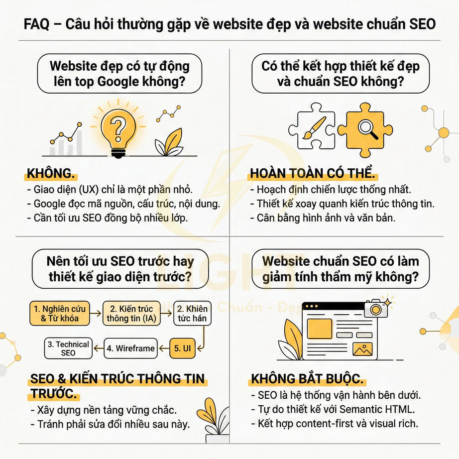 Infographic FAQ về website đẹp và website chuẩn SEO, giải đáp thiết kế giao diện, tối ưu SEO và trải nghiệm người dùng