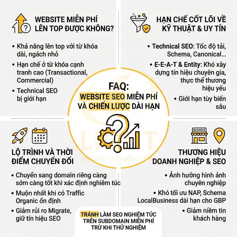 Infographic FAQ về website SEO miễn phí, hạn chế kỹ thuật, thương hiệu doanh nghiệp và lộ trình chuyển đổi domain