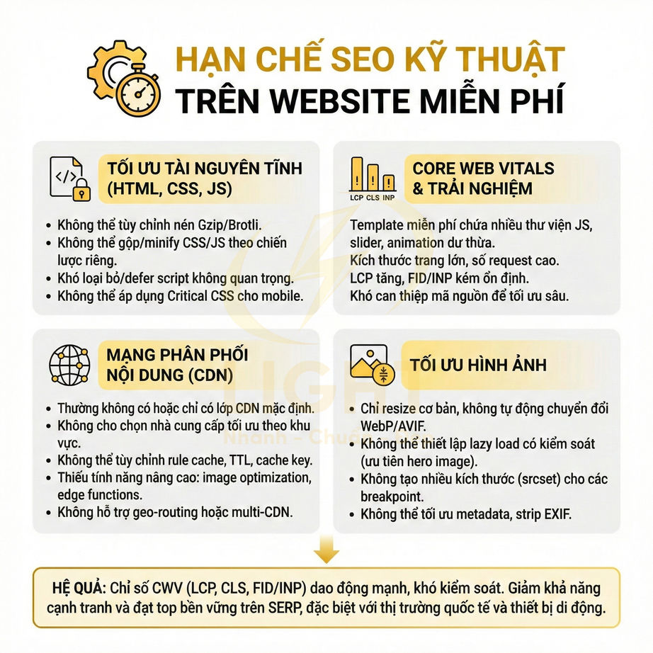Hạn chế SEO kỹ thuật trên website miễn phí về tài nguyên tĩnh, CDN, Core Web Vitals và tối ưu hình ảnh