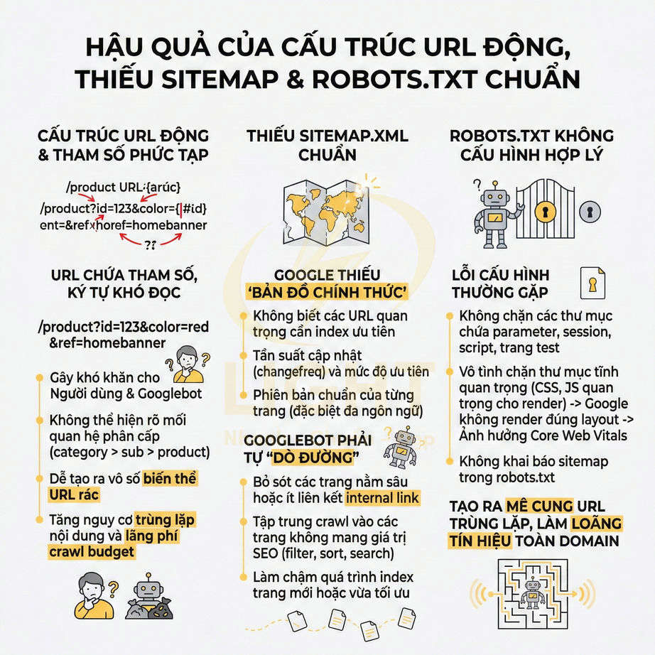 Infographic hậu quả cấu trúc URL động thiếu sitemap và robots.txt chuẩn trong SEO website