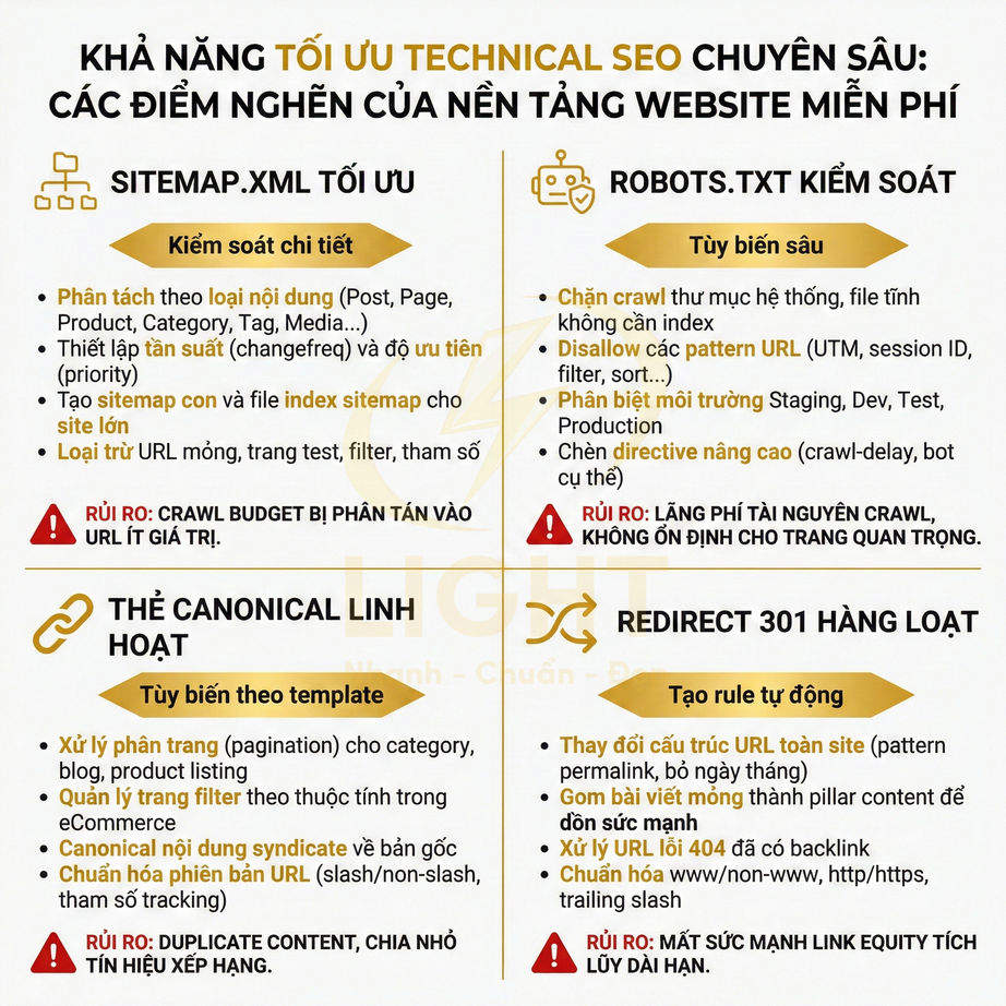 Infographic giới thiệu các tính năng tối ưu technical SEO chuyên sâu cho nền tảng website miễn phí