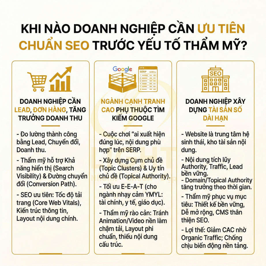 Infographic khi nào doanh nghiệp cần ưu tiên chuẩn SEO trước yếu tố thẩm mỹ để tăng lead, doanh thu và xây dựng tài sản số