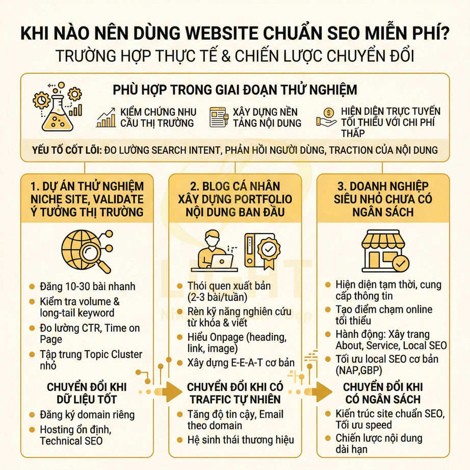 Infographic hướng dẫn khi nào nên dùng website chuẩn SEO miễn phí cho dự án thử nghiệm, blog cá nhân và doanh nghiệp nhỏ