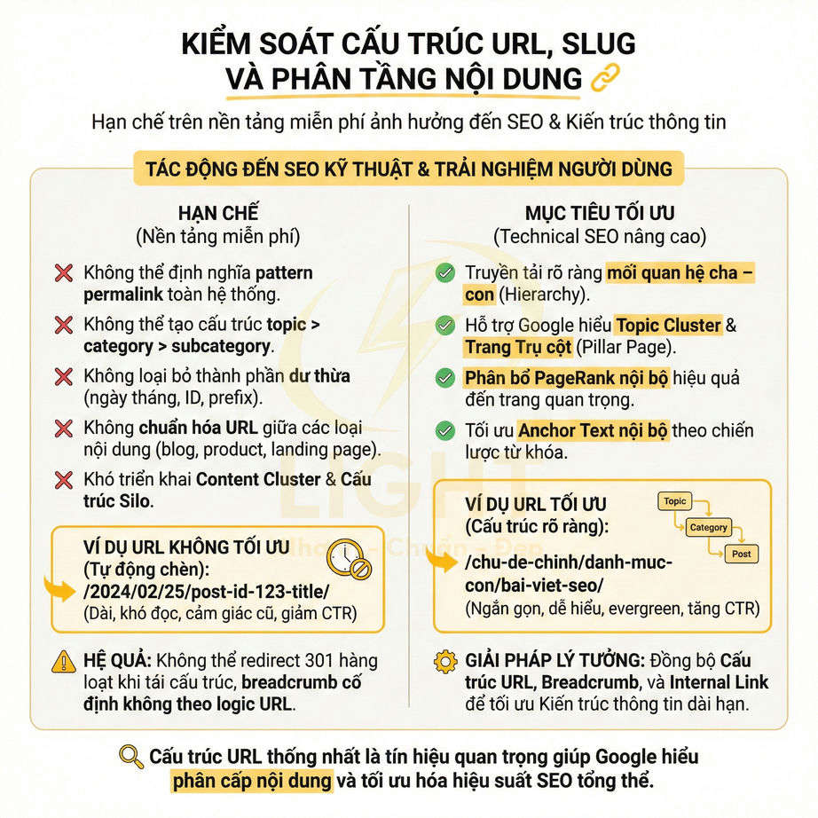 Infographic hướng dẫn tối ưu cấu trúc URL, slug và phân tầng nội dung để cải thiện SEO và trải nghiệm người dùng