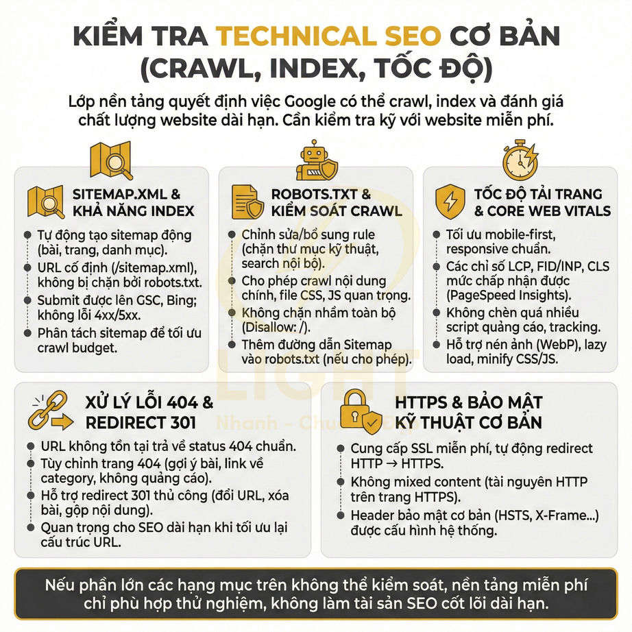 Checklist kiểm tra technical SEO cơ bản về crawl index tốc độ và bảo mật cho website