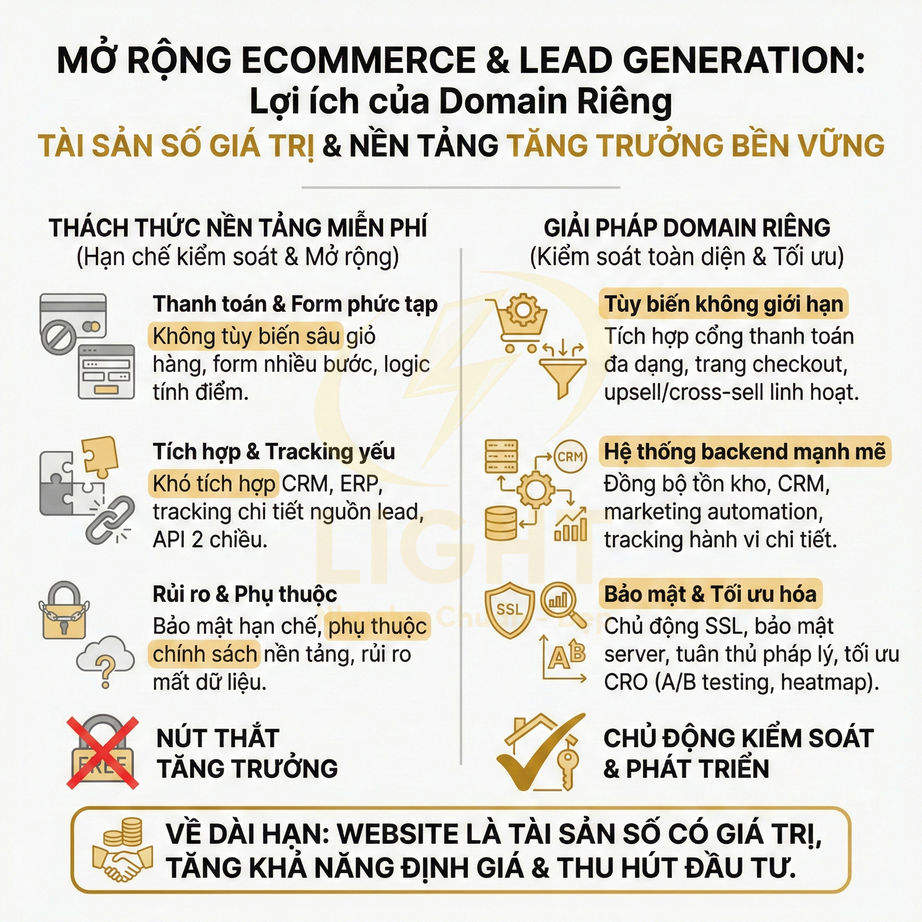 Infographic so sánh thách thức nền tảng miễn phí và lợi ích dùng website domain riêng cho ecommerce và lead generation