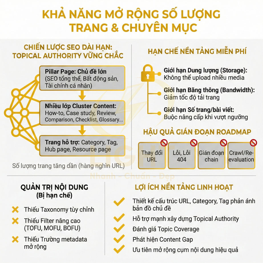 Infographic so sánh hạn chế nền tảng miễn phí và lợi ích nền tảng linh hoạt trong chiến lược SEO mở rộng nội dung