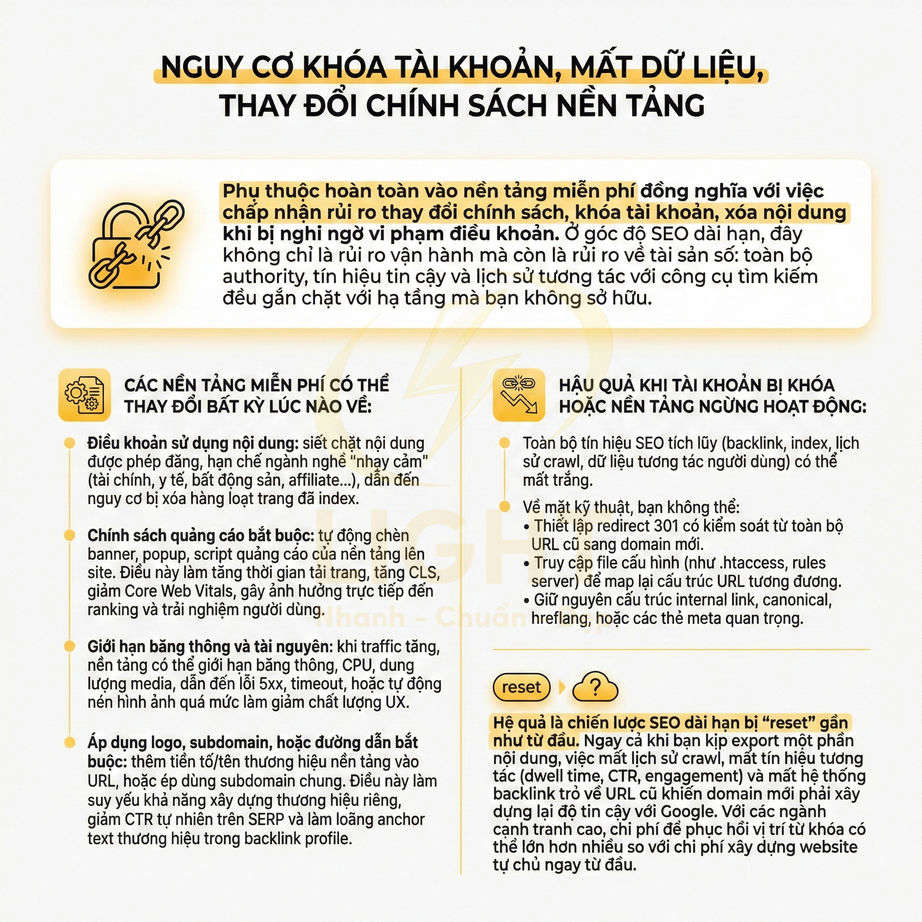 Infographic cảnh báo nguy cơ khóa tài khoản, mất dữ liệu và thay đổi chính sách khi phụ thuộc nền tảng miễn phí trong SEO