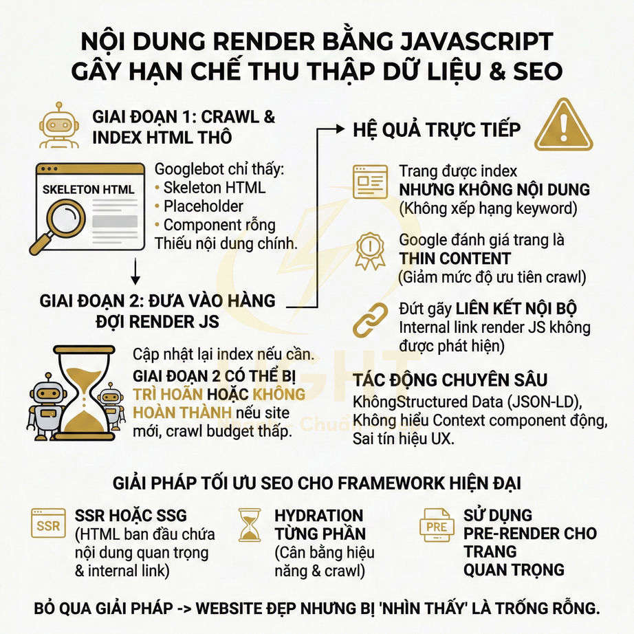 Infographic giải thích hạn chế SEO của nội dung render bằng JavaScript và gợi ý giải pháp SSR, SSG, pre render