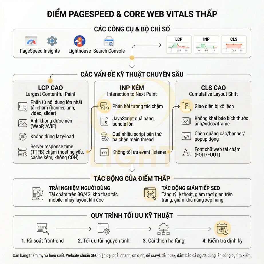 Infographic giải thích nguyên nhân điểm PageSpeed và Core Web Vitals thấp và quy trình tối ưu kỹ thuật website