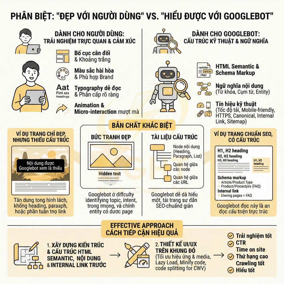 Infographic so sánh thiết kế đẹp cho người dùng và cấu trúc chuẩn SEO giúp Googlebot hiểu nội dung trang web