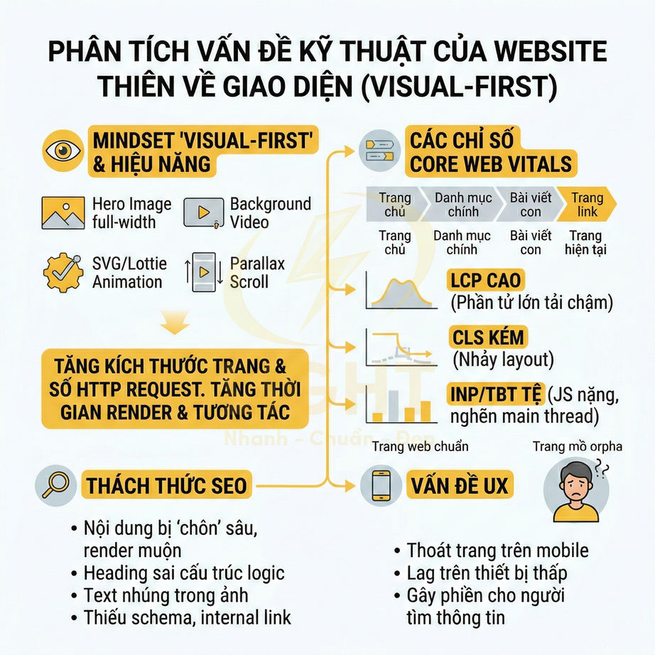 Phân tích kỹ thuật website thiên về giao diện visual first, ảnh hưởng Core Web Vitals, SEO và UX