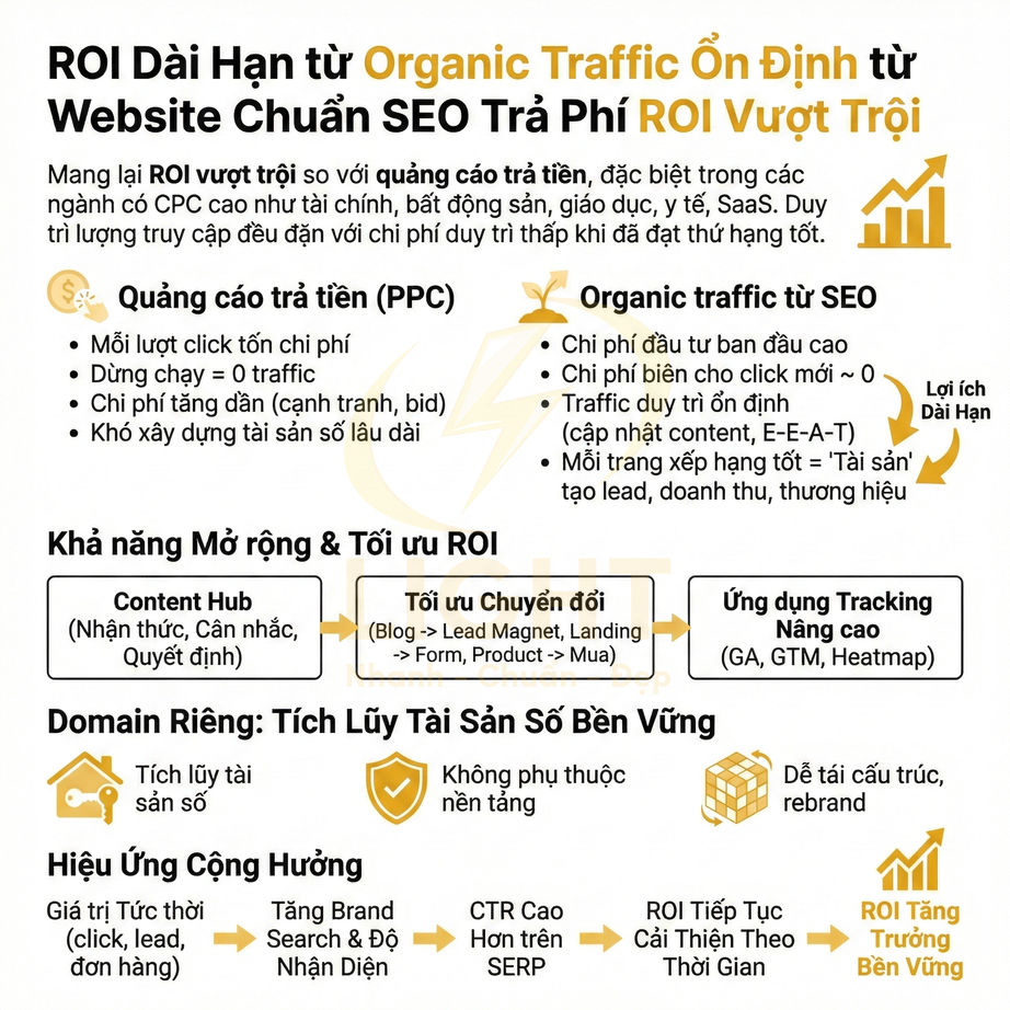 Infographic so sánh quảng cáo trả tiền PPC và organic traffic SEO, nhấn mạnh ROI dài hạn và lợi ích website chuẩn SEO