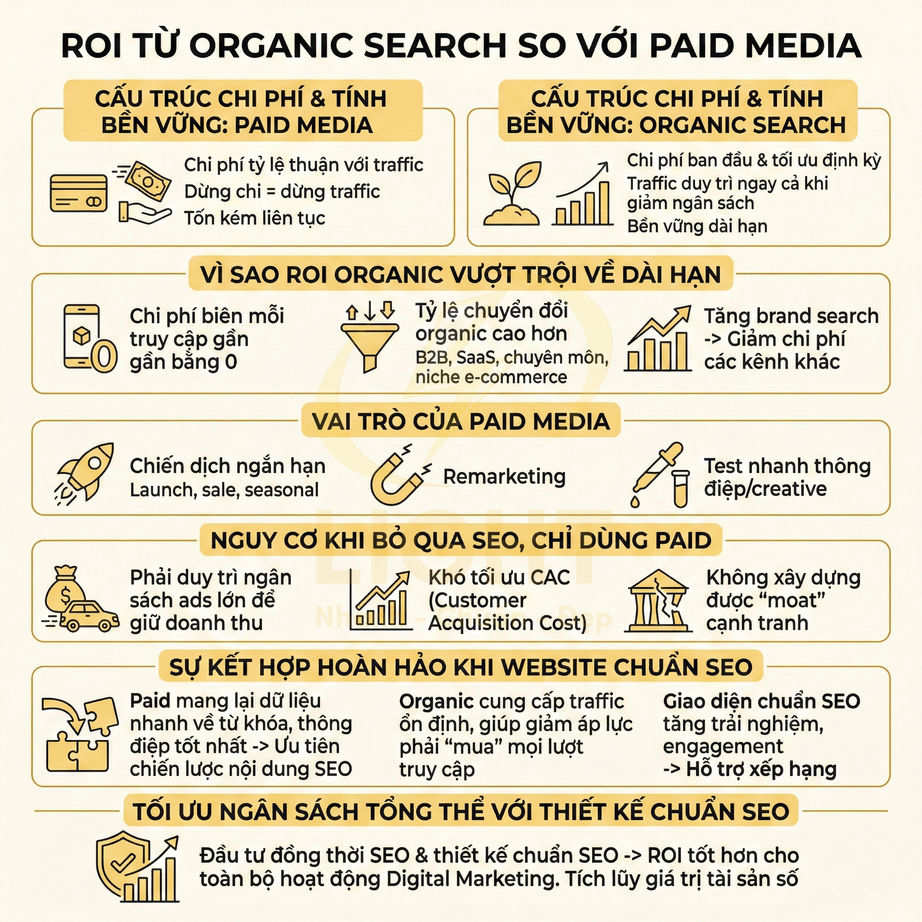 Infographic so sánh ROI từ organic search và paid media, nêu lợi ích SEO, vai trò paid media và tối ưu ngân sách marketing