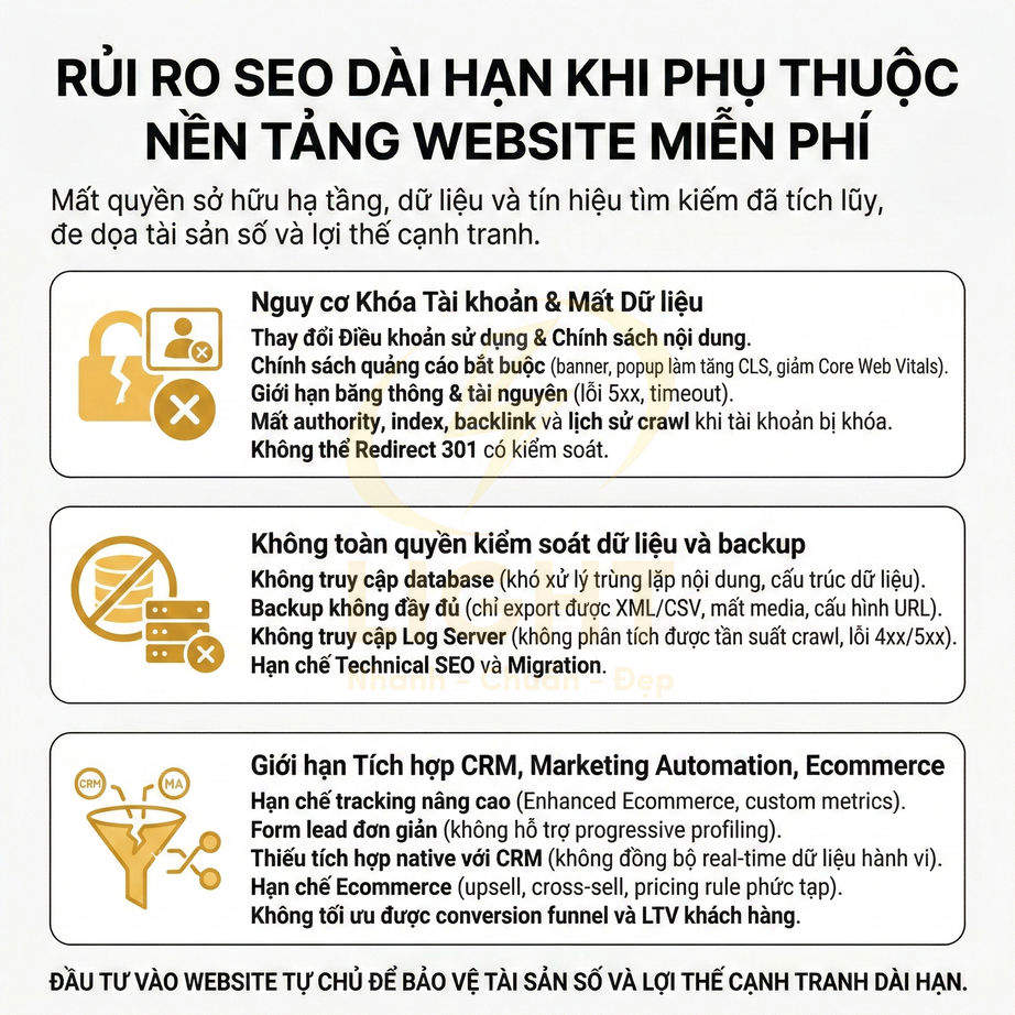 Rủi ro SEO dài hạn khi phụ thuộc nền tảng website miễn phí và lợi ích đầu tư website tự chủ
