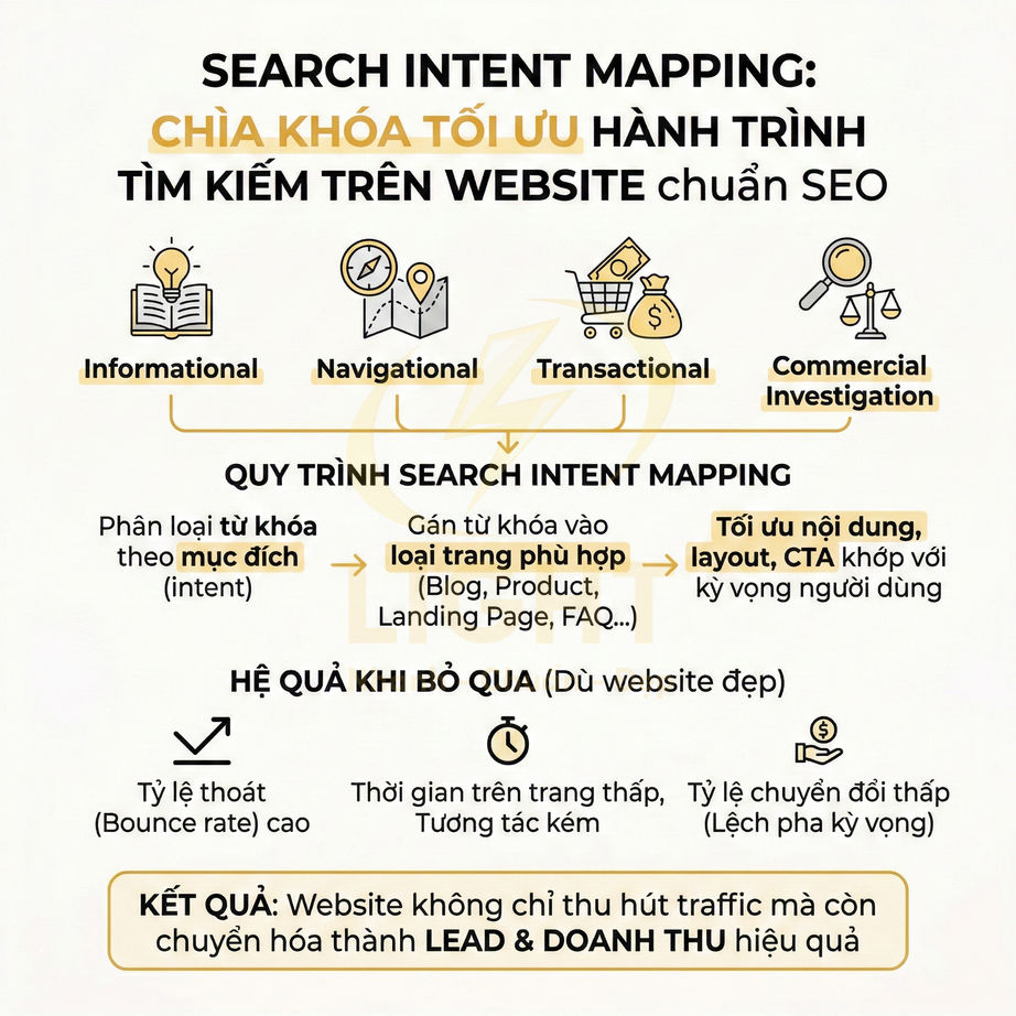 Infographic quy trình search intent mapping tối ưu hành trình tìm kiếm và chuyển đổi trên website chuẩn SEO