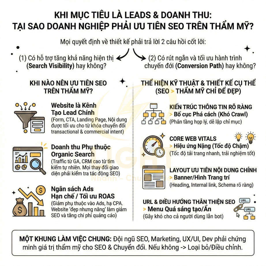 Infographic giải thích lý do doanh nghiệp nên ưu tiên SEO hơn thẩm mỹ khi mục tiêu là leads và doanh thu