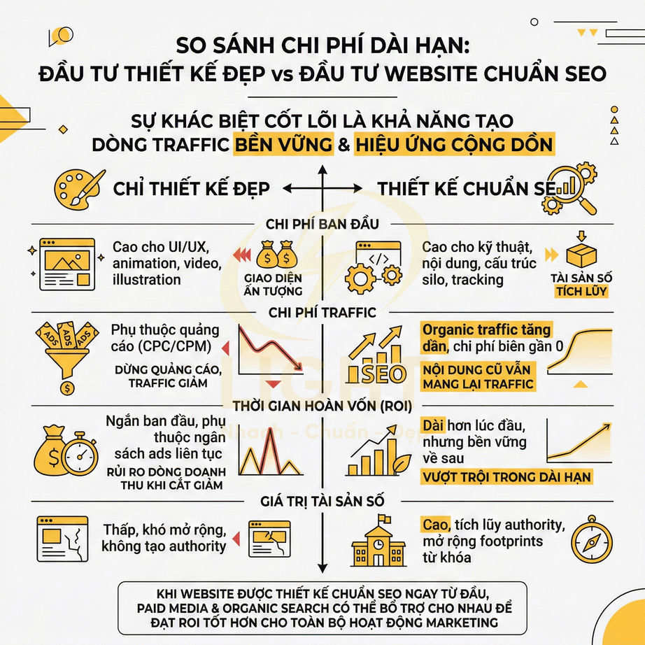 Infographic so sánh chi phí thiết kế web đẹp và đầu tư website chuẩn SEO về traffic và giá trị dài hạn