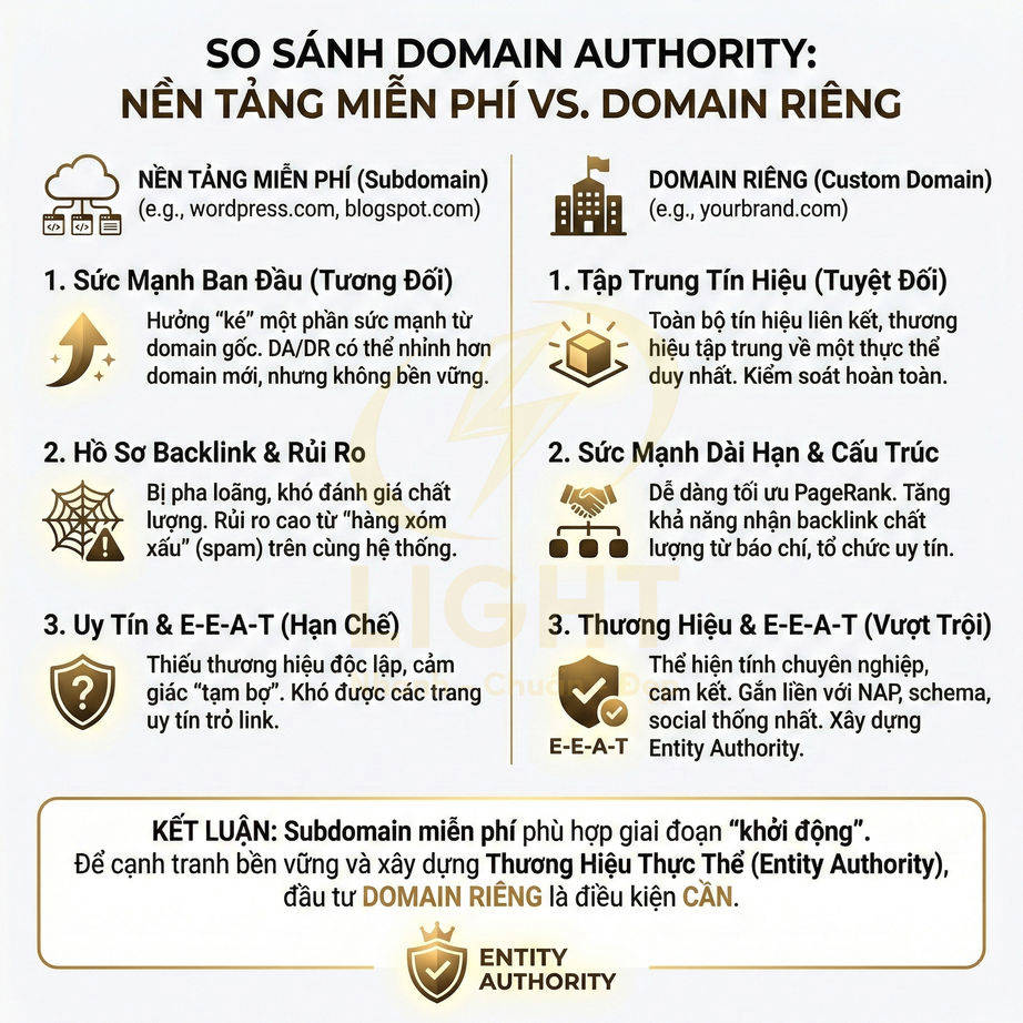Infographic so sánh domain authority giữa nền tảng miễn phí subdomain và domain riêng cho chiến lược SEO