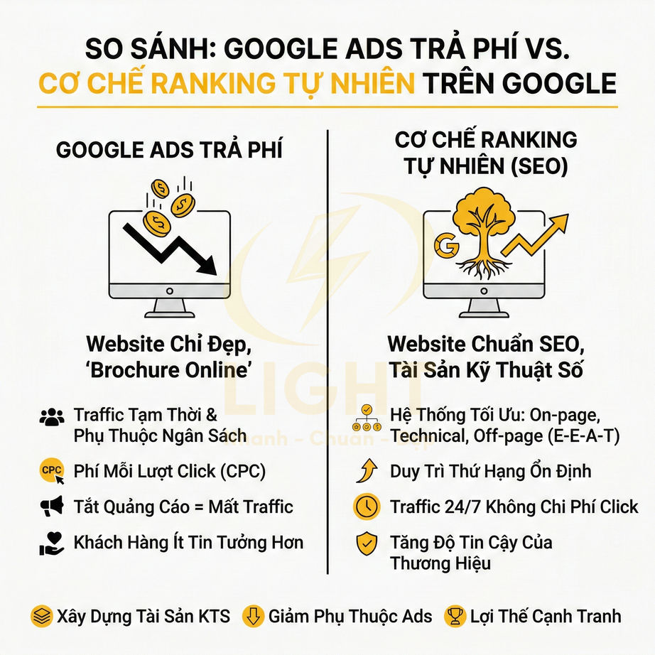 So sánh Google Ads trả phí và cơ chế ranking tự nhiên SEO về traffic, chi phí và độ tin cậy website