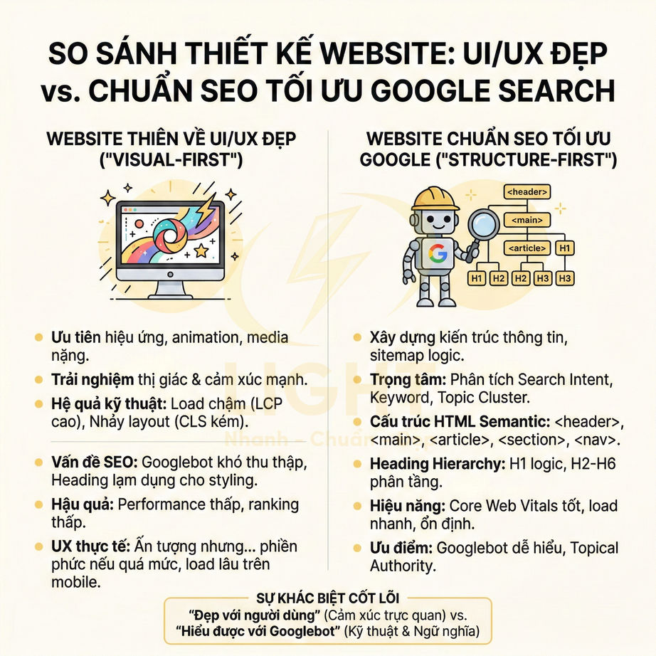 So sánh thiết kế website UI UX đẹp và website chuẩn SEO tối ưu Google Search với các tiêu chí chính
