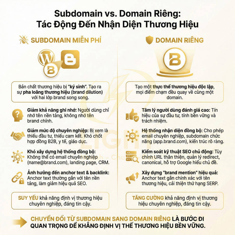 Infographic so sánh subdomain miễn phí và domain riêng về tác động đến nhận diện thương hiệu và SEO