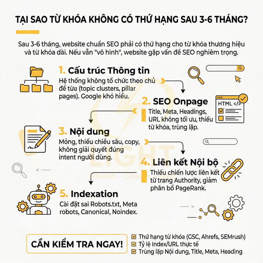 Infographic lý do từ khóa không lên top sau 3 đến 6 tháng và các vấn đề cấu trúc, nội dung, SEO onpage, internal link, indexation
