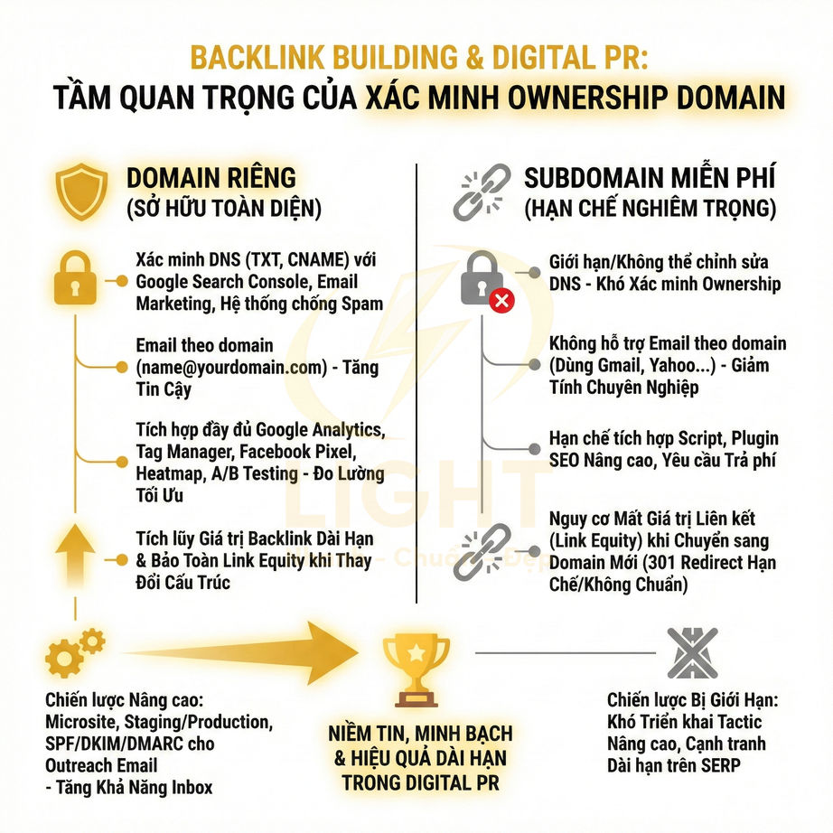 Infographic so sánh lợi ích dùng domain riêng và subdomain miễn phí trong backlink building và digital PR
