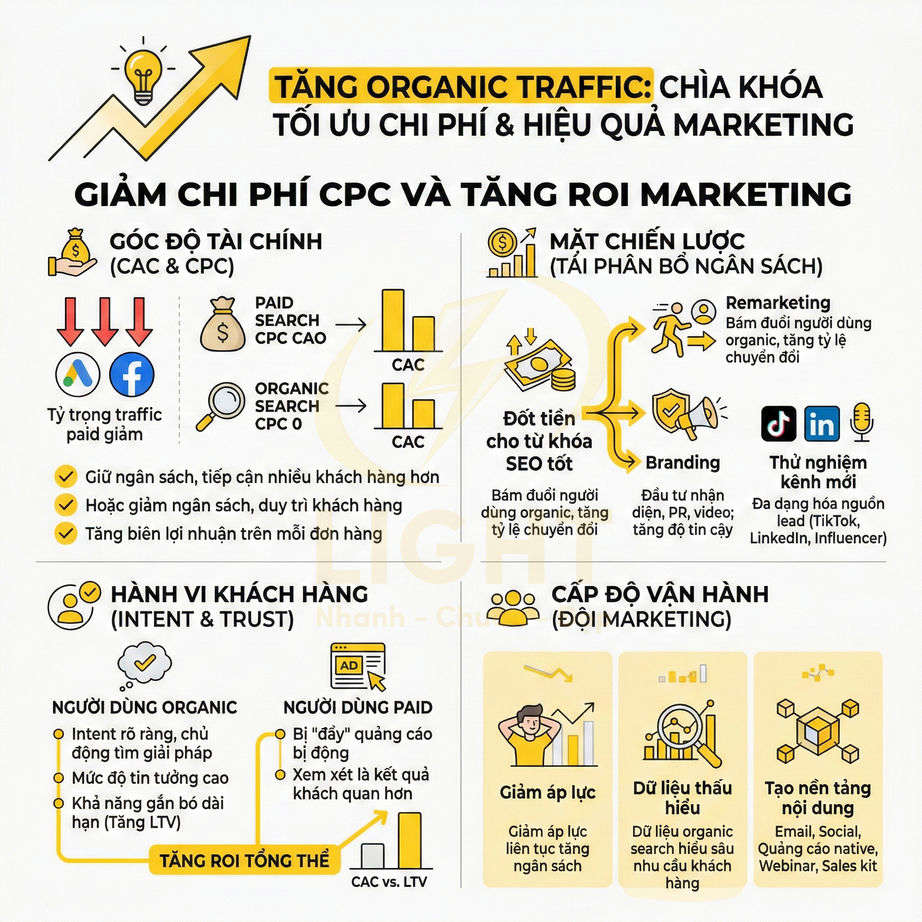 Infographic tăng organic traffic để giảm chi phí CPC, tối ưu ROI và hiệu quả chiến dịch marketing