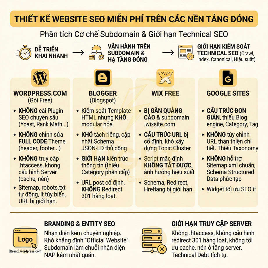 So sánh giới hạn SEO khi thiết kế website miễn phí trên WordPress.com, Blogger, Wix và Google Sites