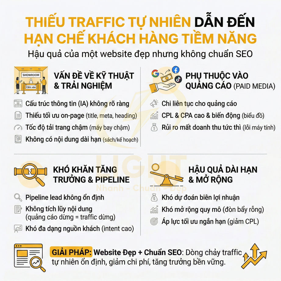 Infographic tiếng Việt về hậu quả thiếu traffic tự nhiên và giải pháp website chuẩn SEO tăng trưởng bền vững