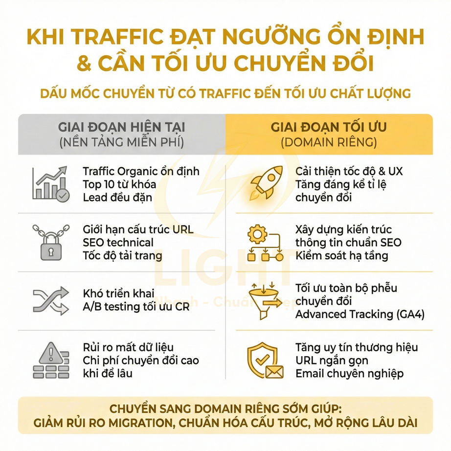 Infographic so sánh giai đoạn hiện tại và giai đoạn tối ưu khi chuyển website sang domain riêng để tăng chuyển đổi SEO