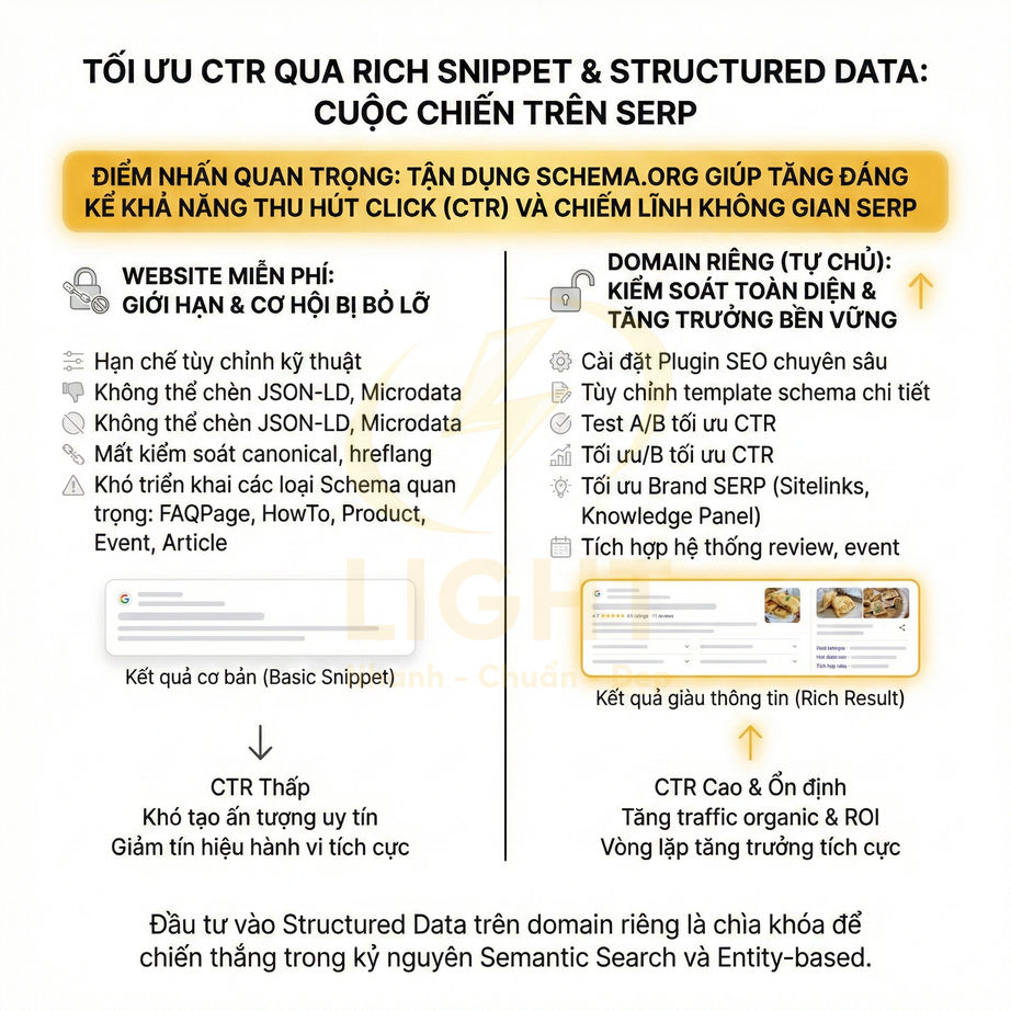 Infographic so sánh tối ưu CTR qua rich snippet và structured data cho website miễn phí và domain riêng