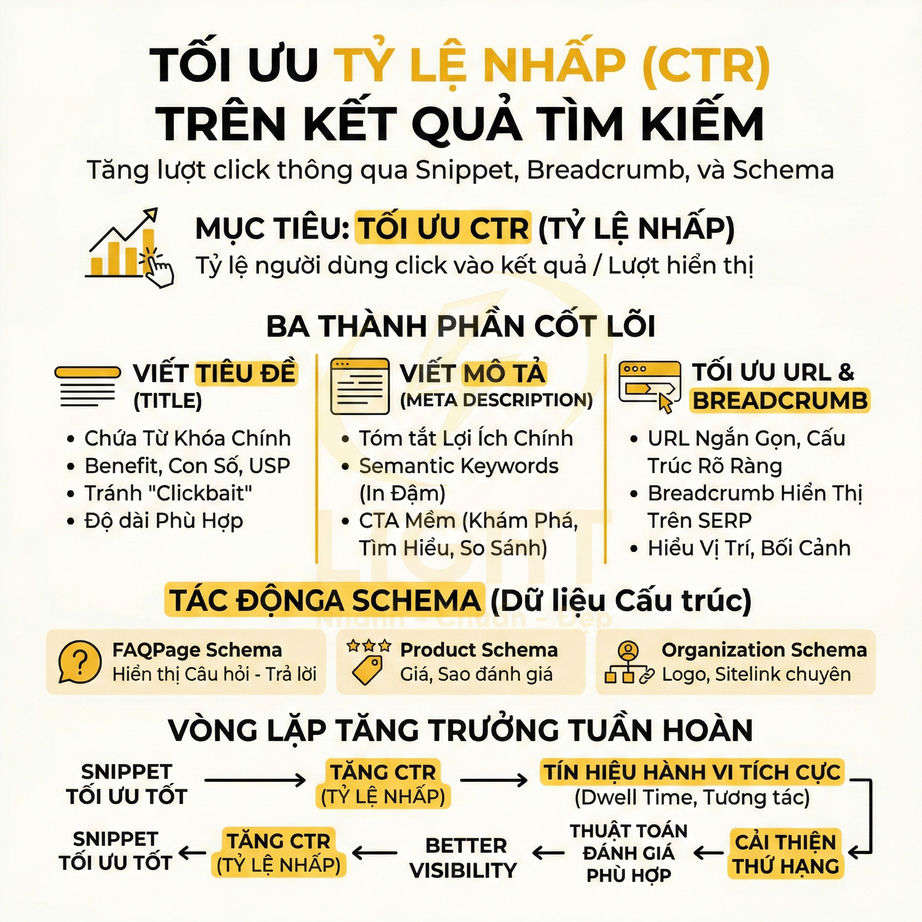 Infographic hướng dẫn tối ưu CTR trên kết quả tìm kiếm với tiêu đề, mô tả, URL, breadcrumb và schema SEO