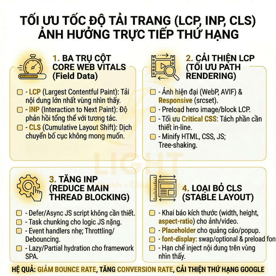 Hướng dẫn tối ưu tốc độ tải trang web với Core Web Vitals LCP INP CLS và các bước cải thiện hiệu suất
