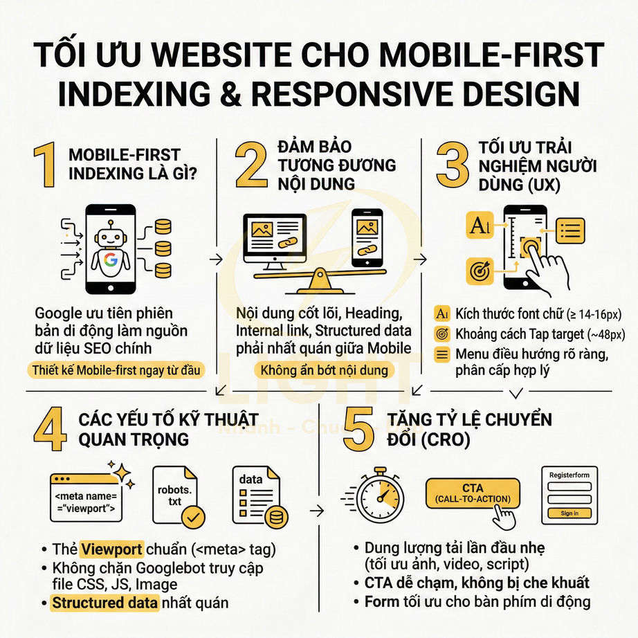 Infographic tối ưu website cho mobile first indexing và responsive design với 5 bước chính bằng tiếng Việt